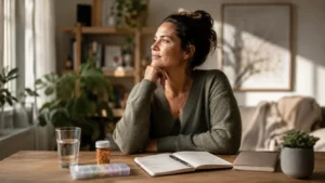 Woman sits at a wooden table in a cozy home setting, resting her chin on her hand, with a notebook and a medicine bottle in front of her.