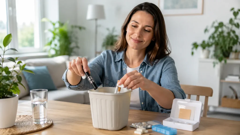 Woman at a home dining table dispensing pills from a white tub into a container, with blister packs nearby and plants in the background.