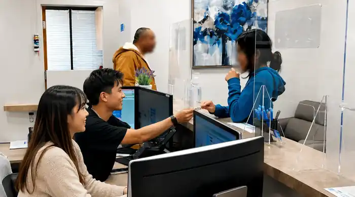 A reception desk with two staff members helping a customer at a service counter behind a clear divider.