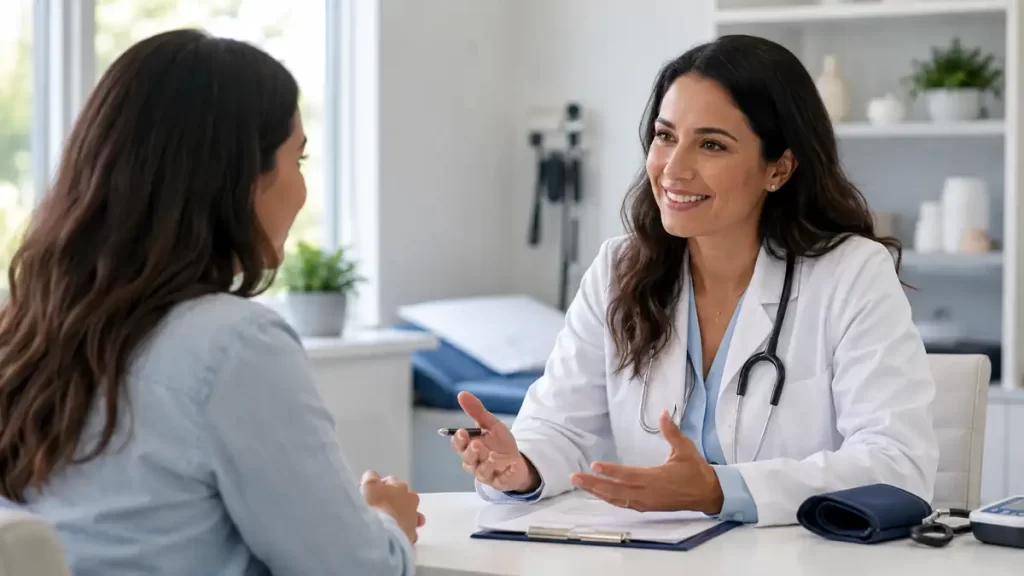 Doctor in a white coat with stethoscope consulting a patient at a clinic desk, gesturing with hands.