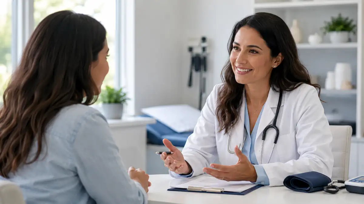 Doctor in a white coat with stethoscope consulting a patient at a clinic desk, gesturing with hands.