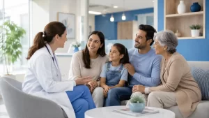 Friendly doctor in a white coat chats with a multi-generational family in a bright clinic waiting area.