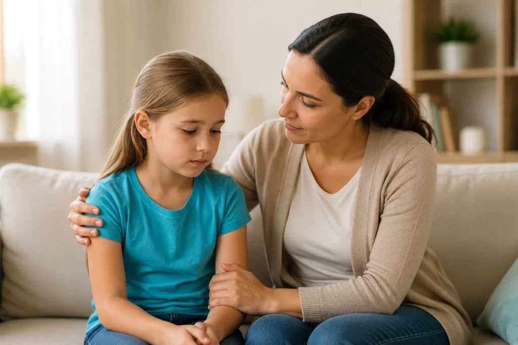Mother comforts her daughter on a sofa, placing a caring hand on her arm in a cozy living room.