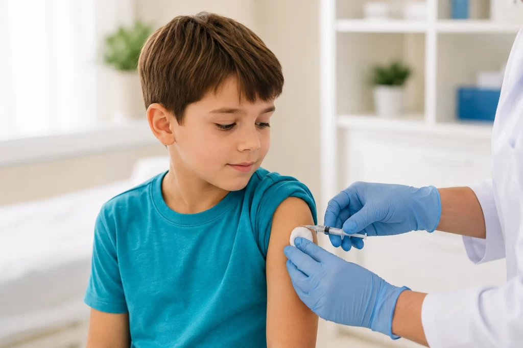 Young boy in a blue shirt receives a vaccination in his upper arm from a healthcare professional wearing blue gloves in a bright clinic.